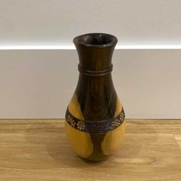 Mexican Hand-Carved Wood Vase | Artist Signed - Picture 2 of 4